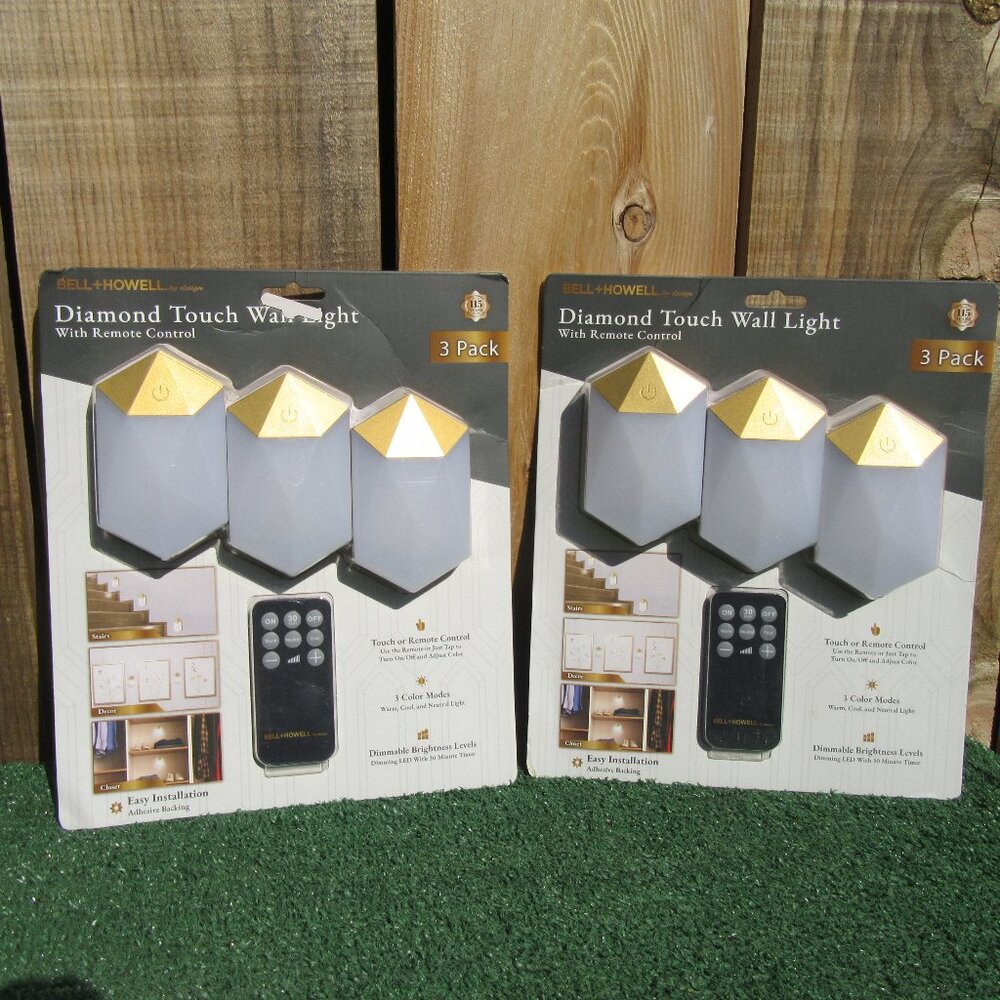 2 Brand New Bell & Howell Gold Diamond Touch Remote Control Wall Light 3 Packs
